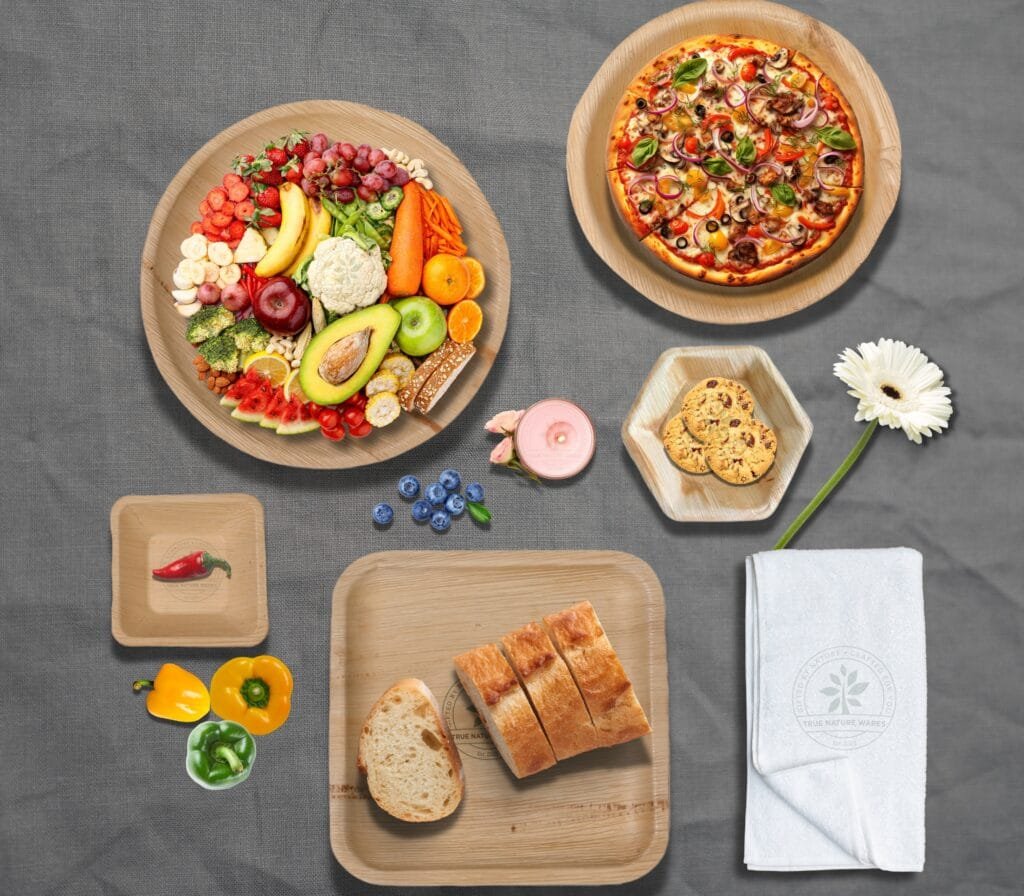 "Areca palm leaf plates from True Nature Wares, serving as an eco-friendly alternative to plastic or paper tableware in Singapore."