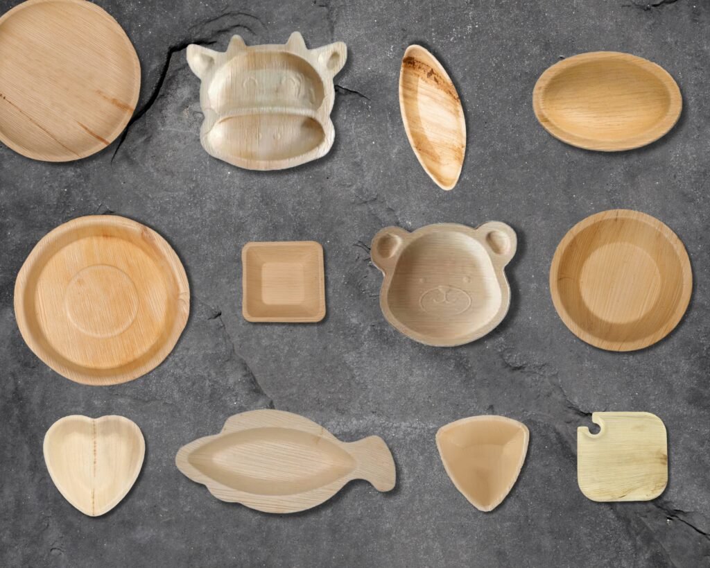 "Custom-shaped areca palm leaf plates from True Nature Wares, offering unique and sustainable tableware designs in Singapore."